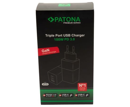 PATONA Premium Charger GaN PD100W 2xUSB-C 1xUSB-A PD3.0 QC3.0 White