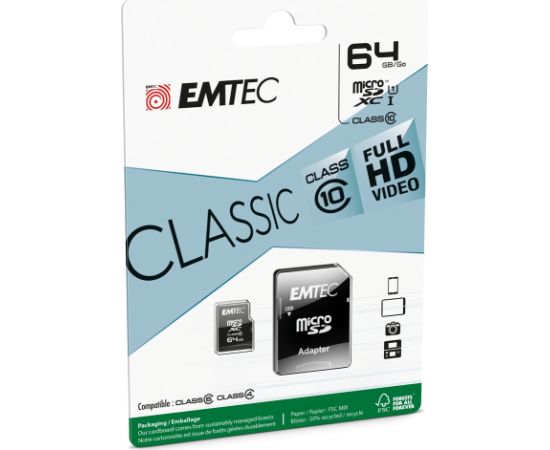 Emtec mSD 64GB Class10 Classic Atmiņas kartes micro SD SDHC