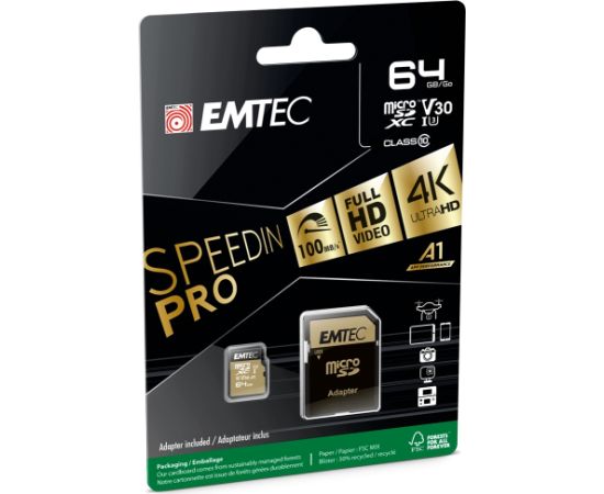 Emtec mSD 64GB UHS-I U3 V30 A1 SpeedIN Pro Карты памяти