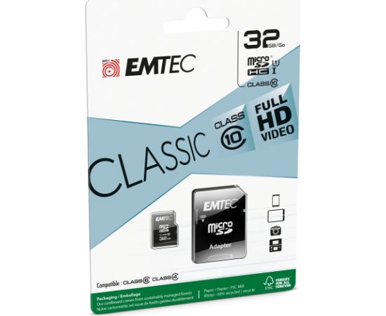 Emtec mSD 32GB Class10 Classic Atmiņas kartes micro SD SDHC