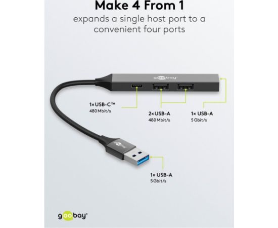 Goobay Slim 4-Port USB Hub, USB-A to USB-C/USB-A, 5 Gbit/s | 74458