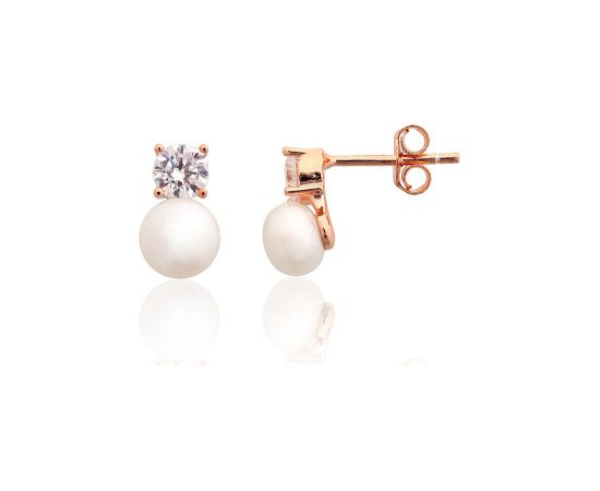 Sudraba auskari-puseti #2204285(PAu-R)_CZ+PE, Sudrabs 925°, sarkanais zelts (pārklājums), Cirkoni, Pērles, 1.7 gr. Puseti