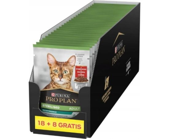 PURINA Pro Plan Sterilised Adult Maintenance Pieces with beef in sauce - wet cat food - 26x85g (18 + 8 GRATIS) Kaķu konservi