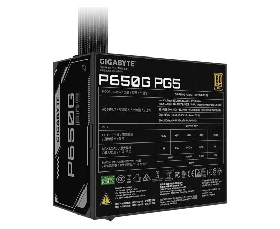 Power Supply GIGABYTE GP-P650G PG5 ATX 3.1 650 Watts Efficiency 80 PLUS GOLD PFC Active MTBF 100000 hours GP-P650GPG5