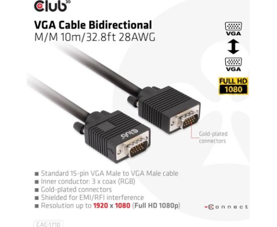 CABLE VGA TO VGA 10M/M/M CAC-1710 CLUB3D  Кабель HDMI