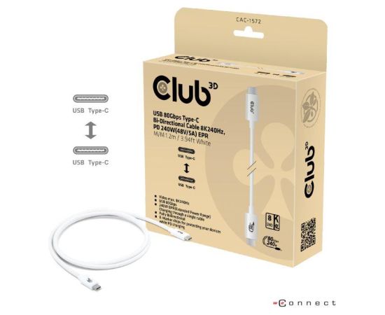CABLE USB-C TO USB-C 1.2M/WHITE CAC-1572 CLUB3D Data USB kabeļi