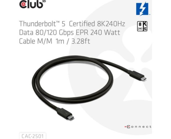 CABLE USB-C THUNDERBOLT 1M/M/M CAC-2501 CLUB3D Data USB kabeļi