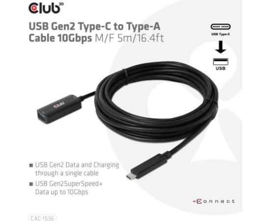 CABLE USB-C TO USB 5M/M/F CAC-1536 CLUB3D Data USB kabeļi