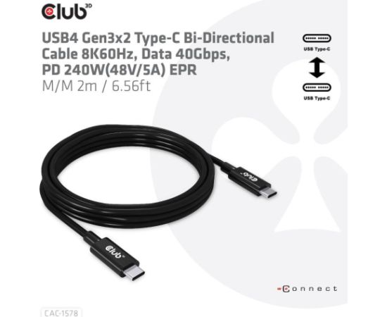 CABLE USB-C BI-DIRECTIONAL 2M/M/M CAC-1578 CLUB3D Data USB kabeļi
