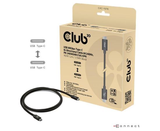 CABLE USB-C TO USB-C 1.2M/BLACK CAC-1570 CLUB3D Data USB kabeļi