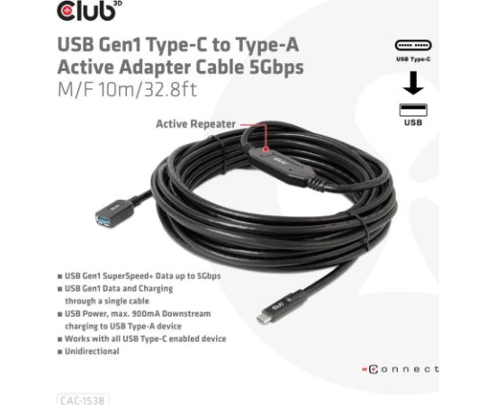 CABLE USB-C TO USB 10M/M/F CAC-1538 CLUB3D Data USB kabeļi