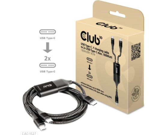 CABLE USB-C TO 2XUSB-C 1.83M/M/M CAC-1527 CLUB3D Data USB kabeļi