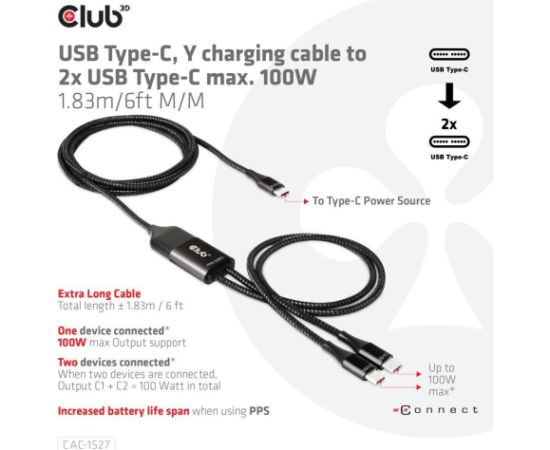 CABLE USB-C TO 2XUSB-C 1.83M/M/M CAC-1527 CLUB3D Data USB kabeļi