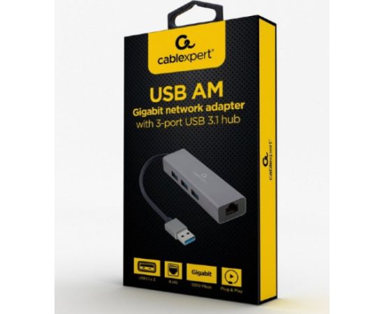Gembird USB AM с 3-портовым концентратором USB 3.0 Гигабитный сетевой адаптер