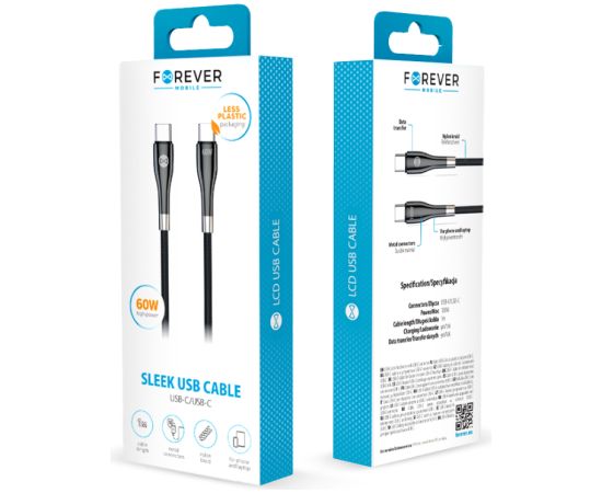Forever Sleek Kabelis USB-C / USB-C 1.0 m / 60W Data USB kabeļi