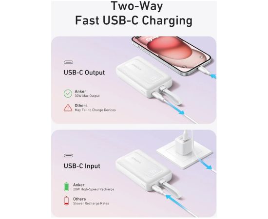 Anker Power Bank, Built-In USB-C Cable, 30W A1688H21 10000 mAh White Power Banks