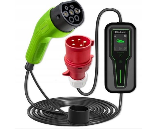 Qoltec Mobile EV Charger with 2-in-1 Adjustment Type 2 11kW 400V 5-Pin CEE LCD Portable Wallbox 5m Elektro Auto lādēšanas piederumi