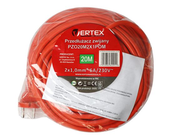 Przedłużacz zwijany 20m, PZO20M2x1,0mm VERTEX