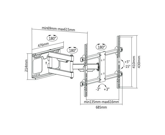Cabletech TV bracket 37-70 " Black max Vesa 600x400 60kg TV un monitoru stiprinājumi, kronšteini