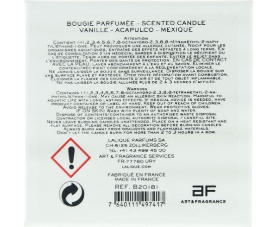 Lalique, Vanille Acapulco Mexique, Vanilla, Scented Candle, 190 g Unisex Ароматы для дома и комнаты