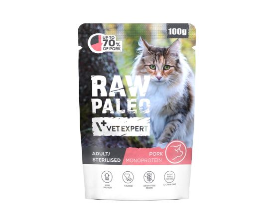 VETEXPERT Raw Paleo Adult Sterilised Pork - wet cat food - 100g Kaķu konservi