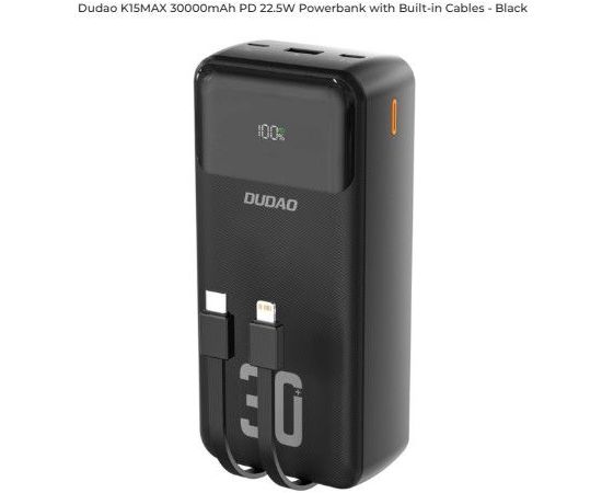 Dudao   K15MAX 30000mAh PD 22.5W Powerbank with Built-in Cables Black