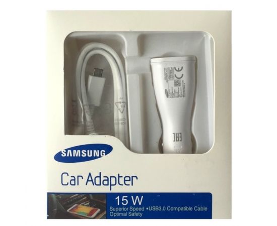 Samsung EP-LN915UWE 2A 15W USB Ātrs Auto Lādētājs + Micro USB 3.0 Kabelis Balts (EU Blister)