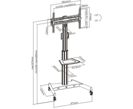 Techly Trolley Floor Support with Shelf LCD TV/LED 32-65"