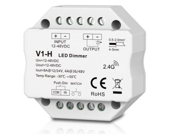 Skydance V1-H контроллер для светодиодных лент, 12-48V, 1x 8A, Push-Dimm Viedās lampas un spuldzes Skydance V1-H контроллер для светодиодных лент, 12-48V, 1x 8A, Push-Dimm Viedās lampas un spuldzes