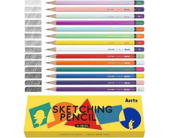 Drawing Sketch Pencil Set ARRTX, 4H, 3H, 2H, H, F, HB, B, 2B, 3B, 4B, 5B, 6B, 7B, 8B, 14pcs