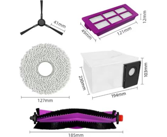 Midea V15 Spare Parts kit: 1x Side Brush, 2x Mop Pad, 1x Roller Brush, 1x Filter, 1x Dust Bag Citi piederumi
