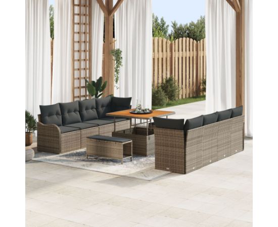 Zestaw sof ogrodowych vidaXL 11 części z poduszkami Szary Polirattan Akacja, 2-osobowa sofa ogrodowa vidaXL z miejscem na przechowywanie i poduszkami Szary Polirattan, Zestaw jadalny ogrodowy vidaXL 3 części z poduszkami Szary Polirattan Akacja Dārza mēbeļu komplekti