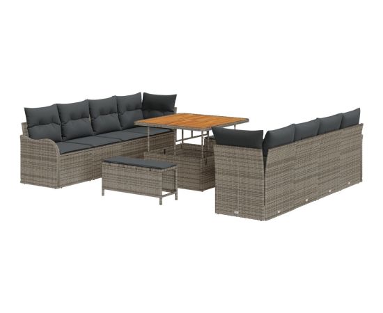 Zestaw sof ogrodowych vidaXL 11 części z poduszkami Szary Polirattan Akacja, 2-osobowa sofa ogrodowa vidaXL z miejscem na przechowywanie i poduszkami Szary Polirattan, Zestaw jadalny ogrodowy vidaXL 3 części z poduszkami Szary Polirattan Akacja Dārza mēbeļu komplekti