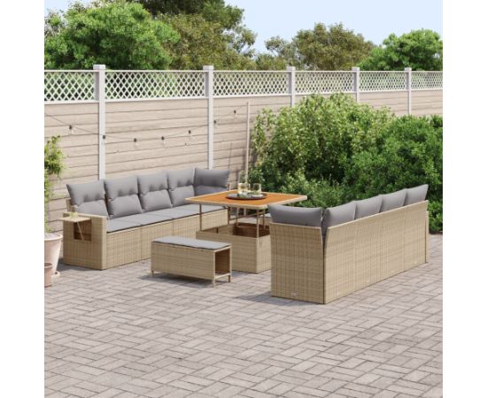 vidaXL Zestaw sofy ogrodowej 11-częściowy z poduszkami Beżowy Polirattan Akacja, vidaXL Zestaw jadalniany ogrodowy 3-częściowy z poduszkami Beżowy Polirattan Akacja Dārza mēbeļu komplekti