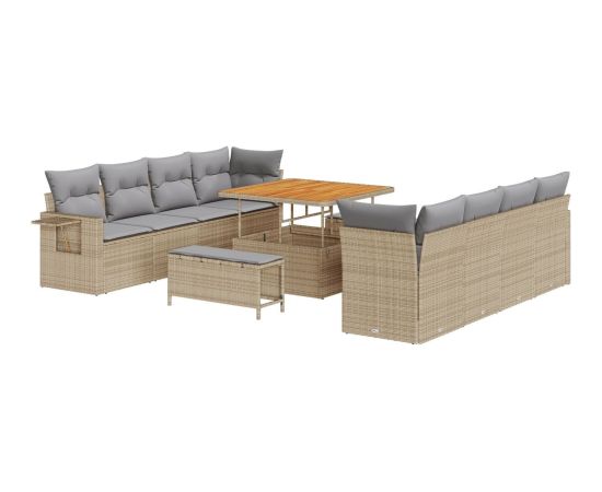 vidaXL Zestaw sofy ogrodowej 11-częściowy z poduszkami Beżowy Polirattan Akacja, vidaXL Zestaw jadalniany ogrodowy 3-częściowy z poduszkami Beżowy Polirattan Akacja Dārza mēbeļu komplekti