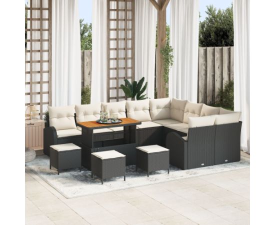 Vidaxl 12-elementowy zestaw kanap ogrodowych z poduszkami czarny polirattan akacja, 2-osobowa kanapa ogrodowa z pojemnikiem i poduszkami czarny polirattan, 3-elementowy zestaw do jedzenia w ogrodzie z poduszkami czarny polirattan akacja Dārza mēbeļu komplekti