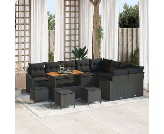 vidaXL 12-częściowy zestaw sofy ogrodowej z poduszkami czarny polirattan akacja, vidaXL 2-osobowa sofa ogrodowa z miejscem do przechowywania i poduszkami czarny polirattan, vidaXL 3-częściowy zestaw do jadalni ogrodowej z poduszkami czarny polirattan Dārza mēbeļu komplekti