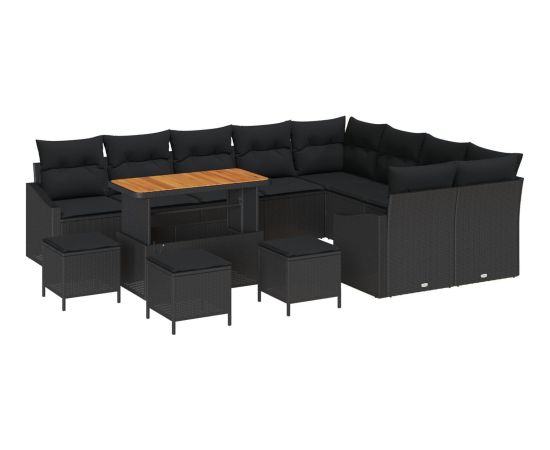 vidaXL 12-częściowy zestaw sofy ogrodowej z poduszkami czarny polirattan akacja, vidaXL 2-osobowa sofa ogrodowa z miejscem do przechowywania i poduszkami czarny polirattan, vidaXL 3-częściowy zestaw do jadalni ogrodowej z poduszkami czarny polirattan Dārza mēbeļu komplekti