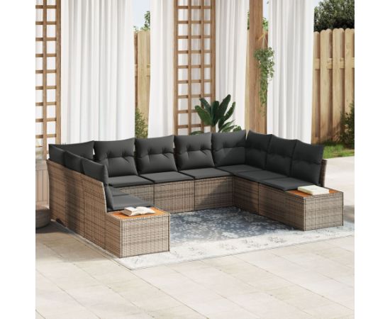 vidaXL Zestaw 9-częściowy sof ogrodowych  z poduszkami Szary Polirattan Akacja Dārza mēbeļu komplekti