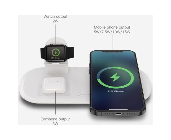 Беспроводная зарядка Devia 3in1 Smart Phone, Apple Watch, Airpods белая Bezvadu telefonu lādētāji