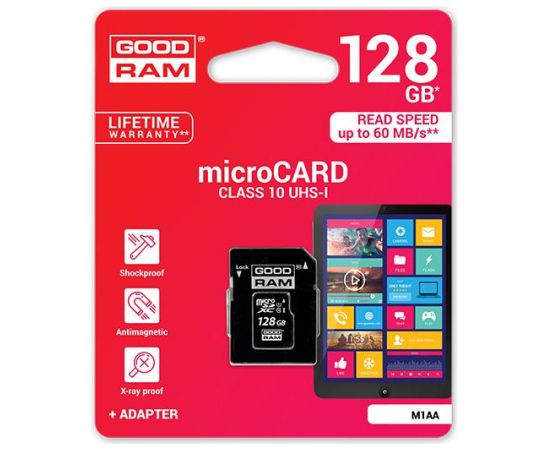 Memory card Goodram microSD 128Gb (class 10) + SD adapter Atmiņas kartes micro SD SDHC