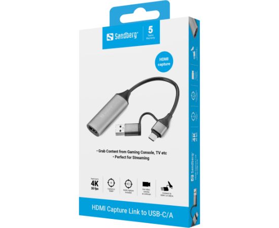 Sandberg 136-70 HDMI Capture Link to USB-C/A Adapteri