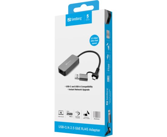 Sandberg 136-68 USB-C/A 2.5 GbE RJ45 Adapter, 2.5 Gigabit Ethernet on USB-C Adapteri