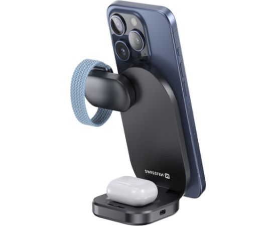Swissten MagBase 3in1 Salokāms Bezvadu Qi2 Lādētājs (saderīgs ar MagSafe) Bezvadu telefonu lādētāji