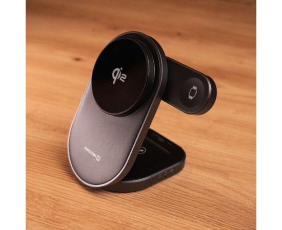 Swissten MagBase 3in1 Salokāms Bezvadu Qi2 Lādētājs (saderīgs ar MagSafe) Bezvadu telefonu lādētāji