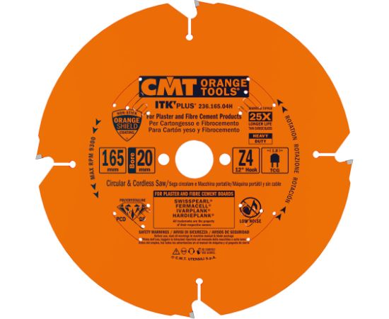 Griešanas disks šķiedru cementam CMT 236; 165x1.8x20; Z4 ; 12° Zāģripas