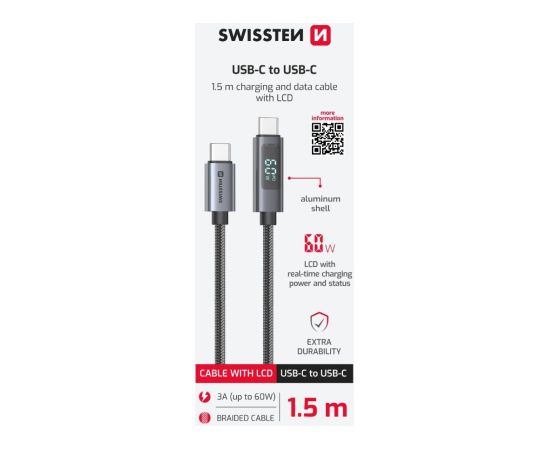 Swissten LCD Kabelis USB-C - USB-C 1.5m Data USB kabeļi