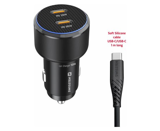 Swissten PD 2x USB-C Автомобильное зарядное устройство 50W c USB-C - USB-C Kабелем 1m Автомобильные зарядные устройства