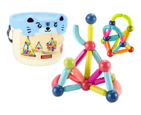 Leantoys Klocki Magnetyczne W Wiaderku 78 Elementów Kotek Niebieski Konstruktori 