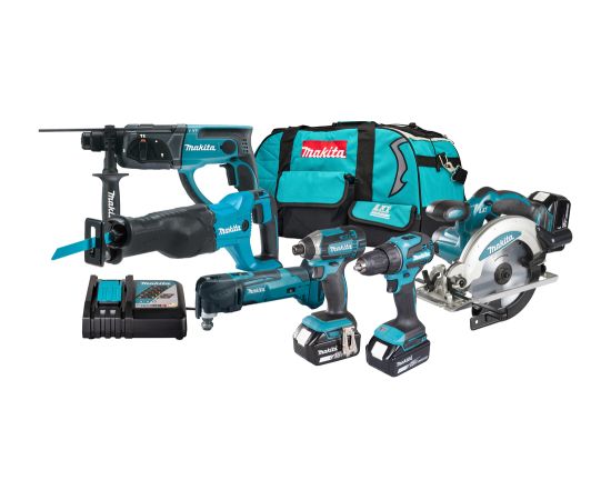 Instrumentu komplekts Makita DLX6135TX1 (DDF490+DTD152+DHR202+DSS610+DJR186+DTM51); 18 V; 3x5,0 Ah akum.  Elektroinstrumentu komplekti